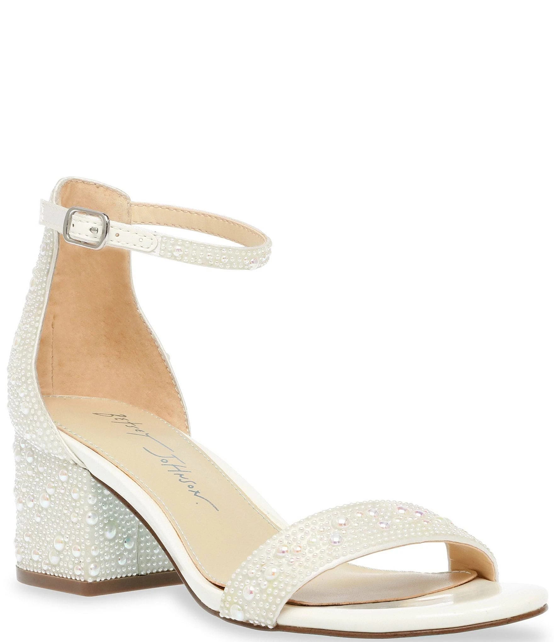 Betsey Johnson White Pearl Block Heel Wedding Sandals | Image