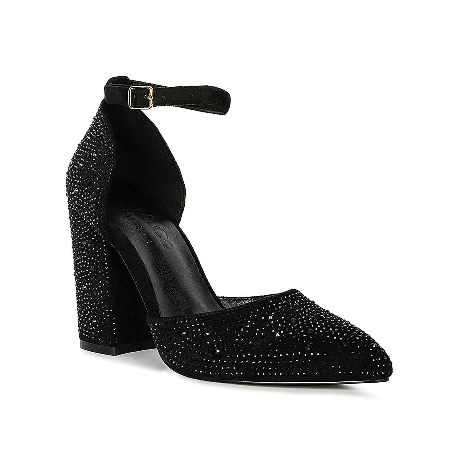 Diamante Embellished Black Block Heel Pumps | Image