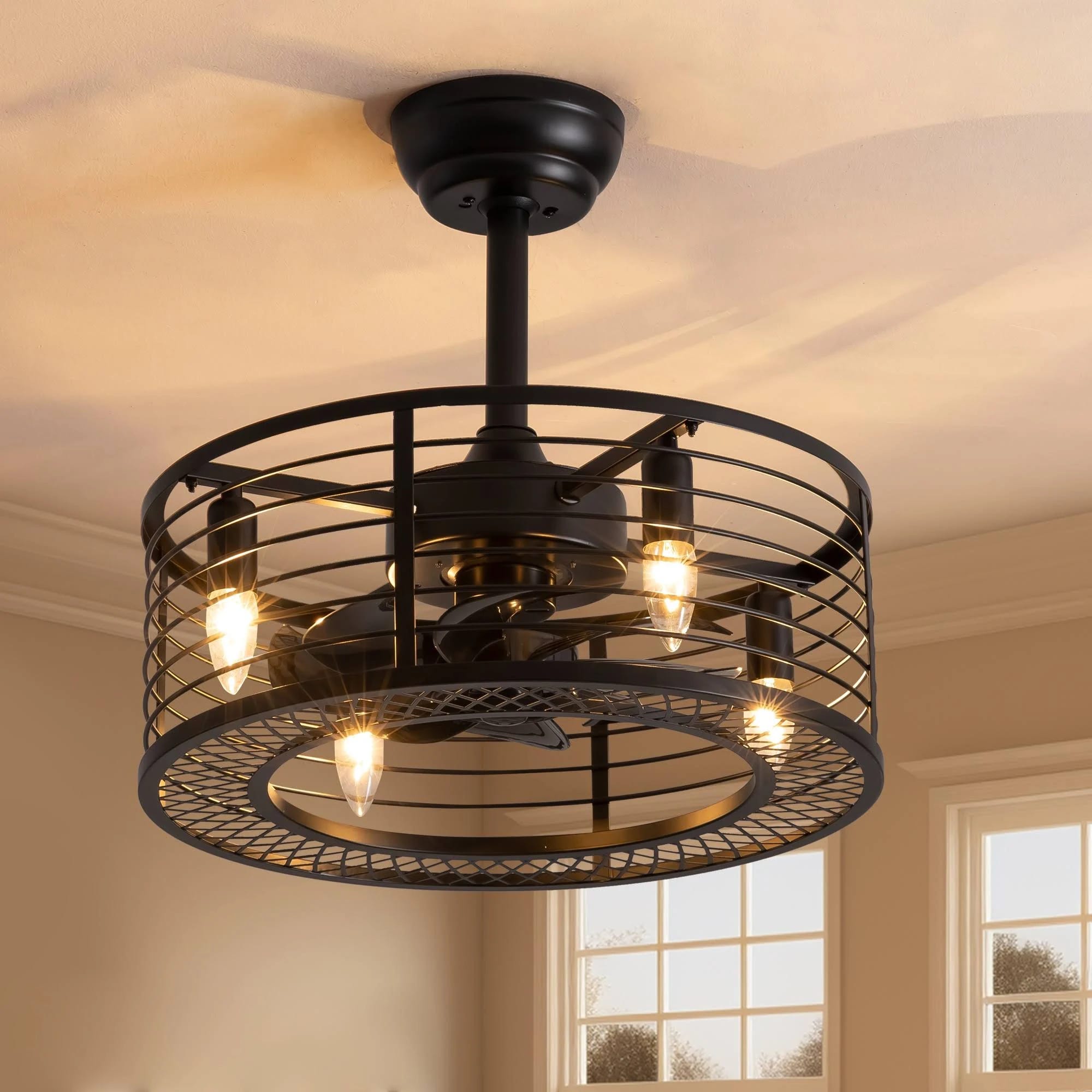 Antoine Modern Enclosed Industrial Farmhouse Ceiling Fan with Light and Remote | Image