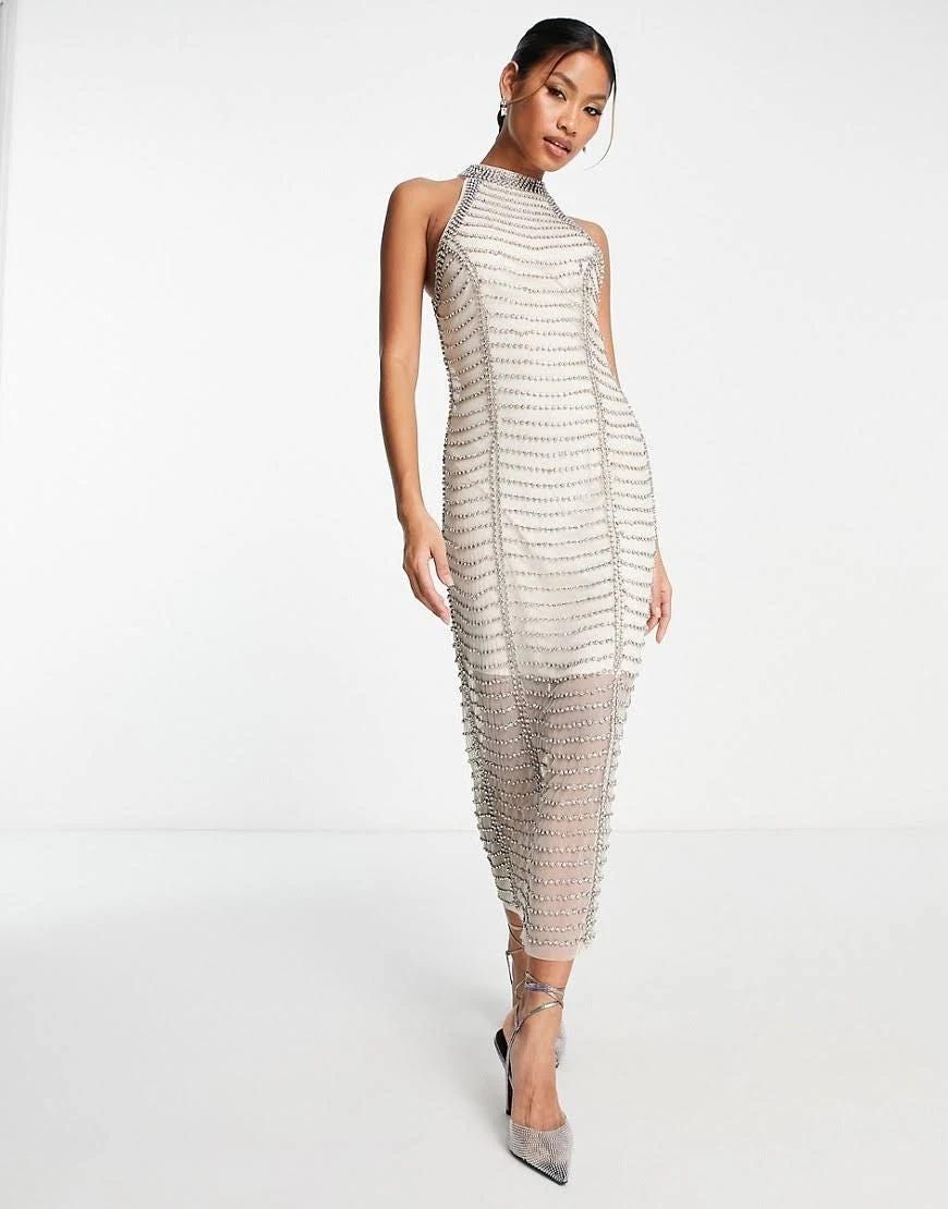 Silver All-Over Diamante Embellished Midi Dress by ASOS DESIGN | Image