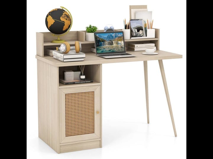 48-inch-computer-desk-with-hutch-and-pe-rattan-cabinet-shelves-oak-costway-1
