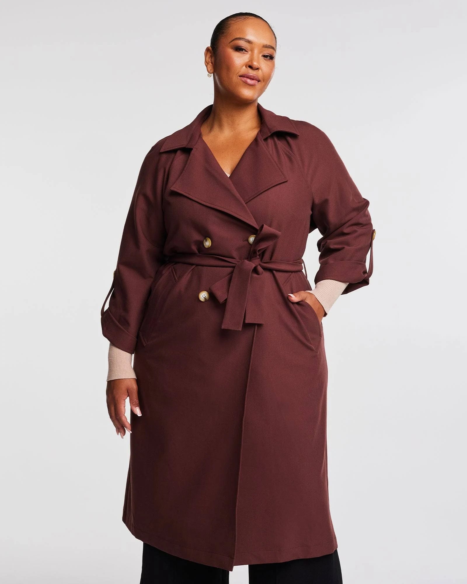 Noella Chocolate Brown Trench Coat: Plus-Size with 20W | Image