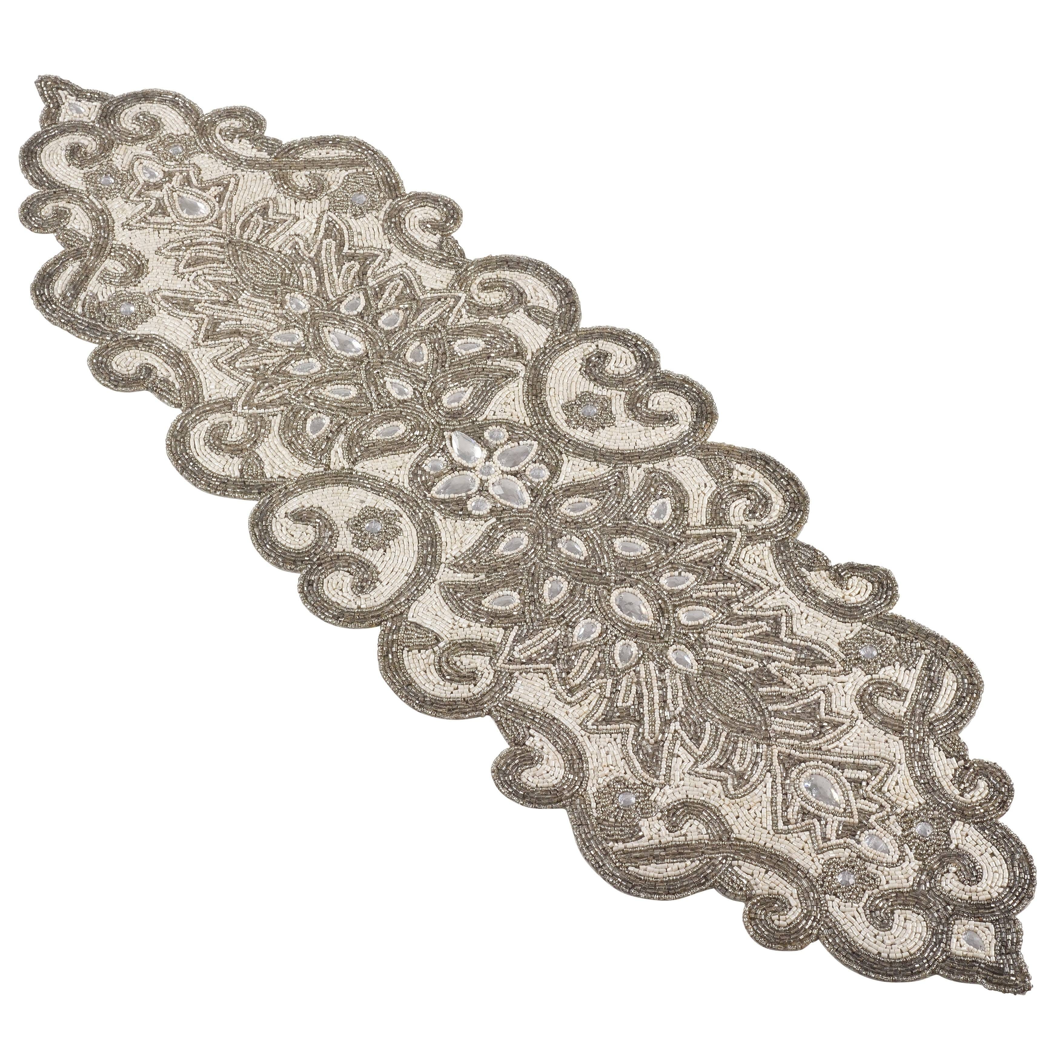 Silver Beaded Scroll Motif Table Runner - Stylish and Versatile Decor | Image