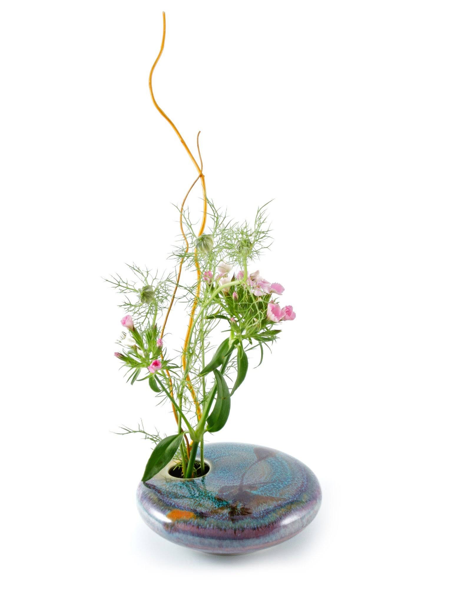 Handcrafted Georgetown Pottery Small Round Ikebana Flower Vase with Pin Frog | Image
