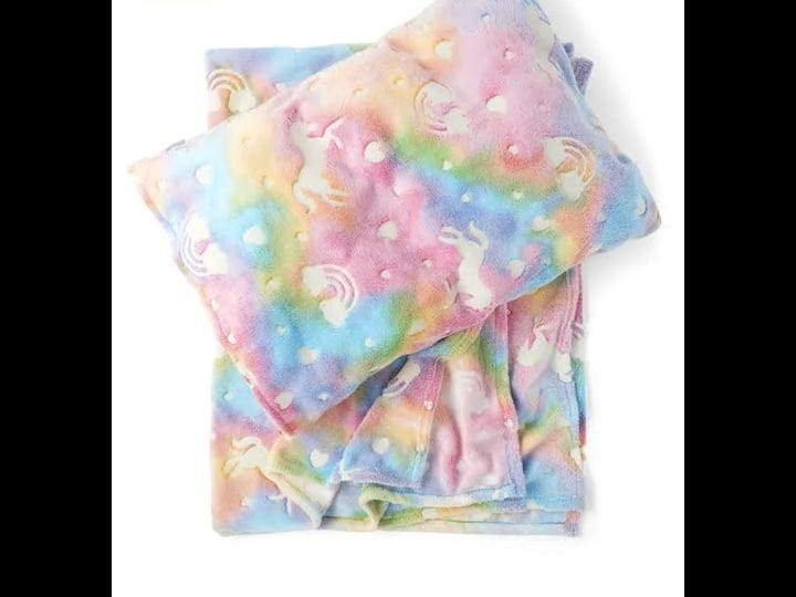 the-childrens-place-girls-glow-rainbow-unicorn-blanket-and-pillowcase-2-piece-set-1