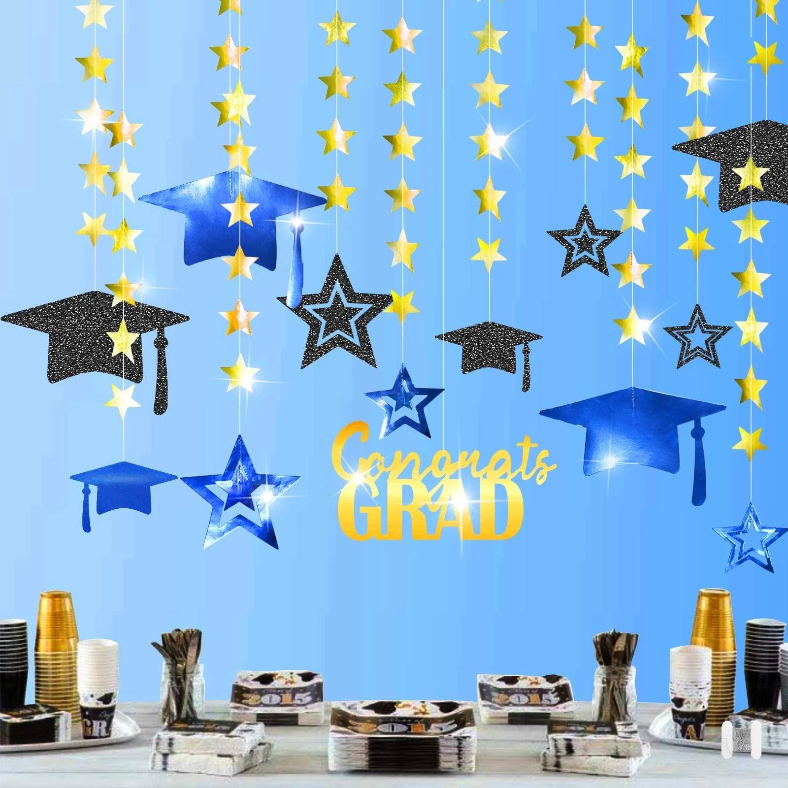 Royal Blue Graduation Party Decor Kit with Banner and Stars | Image