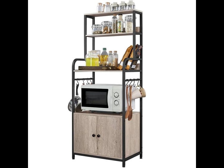 topeakmart-4-tiers-industrial-wooden-kitchen-bakers-rack-with-8-s-hooks-gray-1