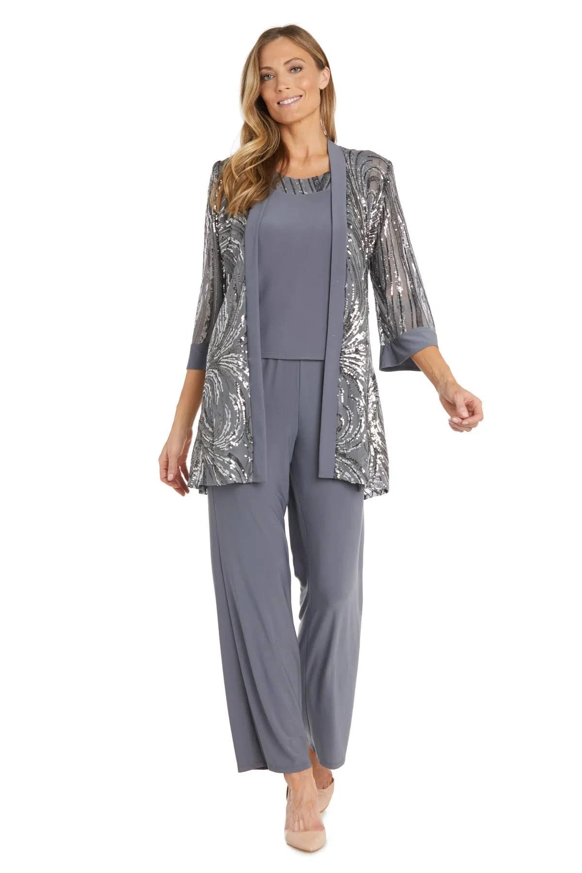 Stylish Gunmetal Sequin Suit for Women - Navy Periwinkle Sleeveless and 3/4 Sleeve Option | Image