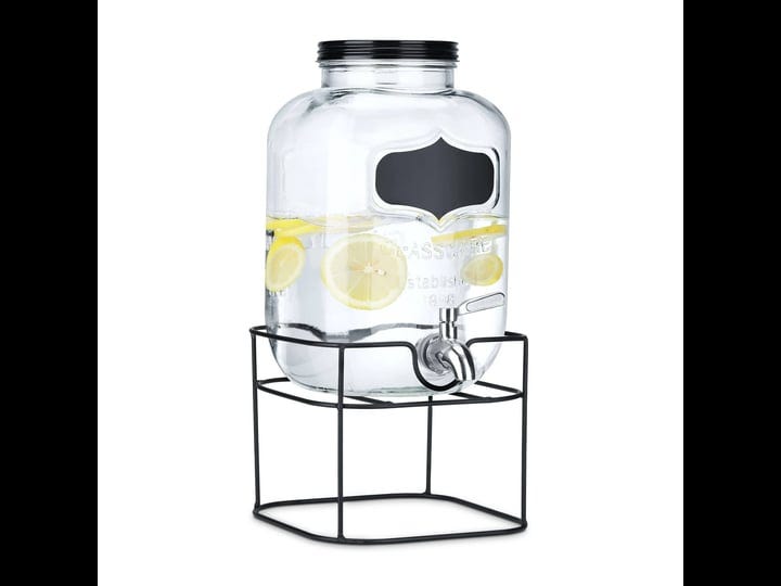 navaris-drink-dispenser-with-black-metal-stand-1-3-gallon-5l-glass-drink-container-with-tap-beverage-1