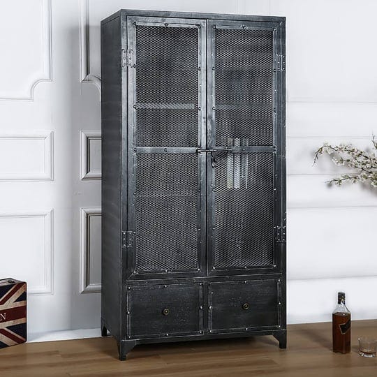 industrial-black-bookshelf-rectangular-metal-mesh-bookcase-4-shelves-2-door-2-drawer-1