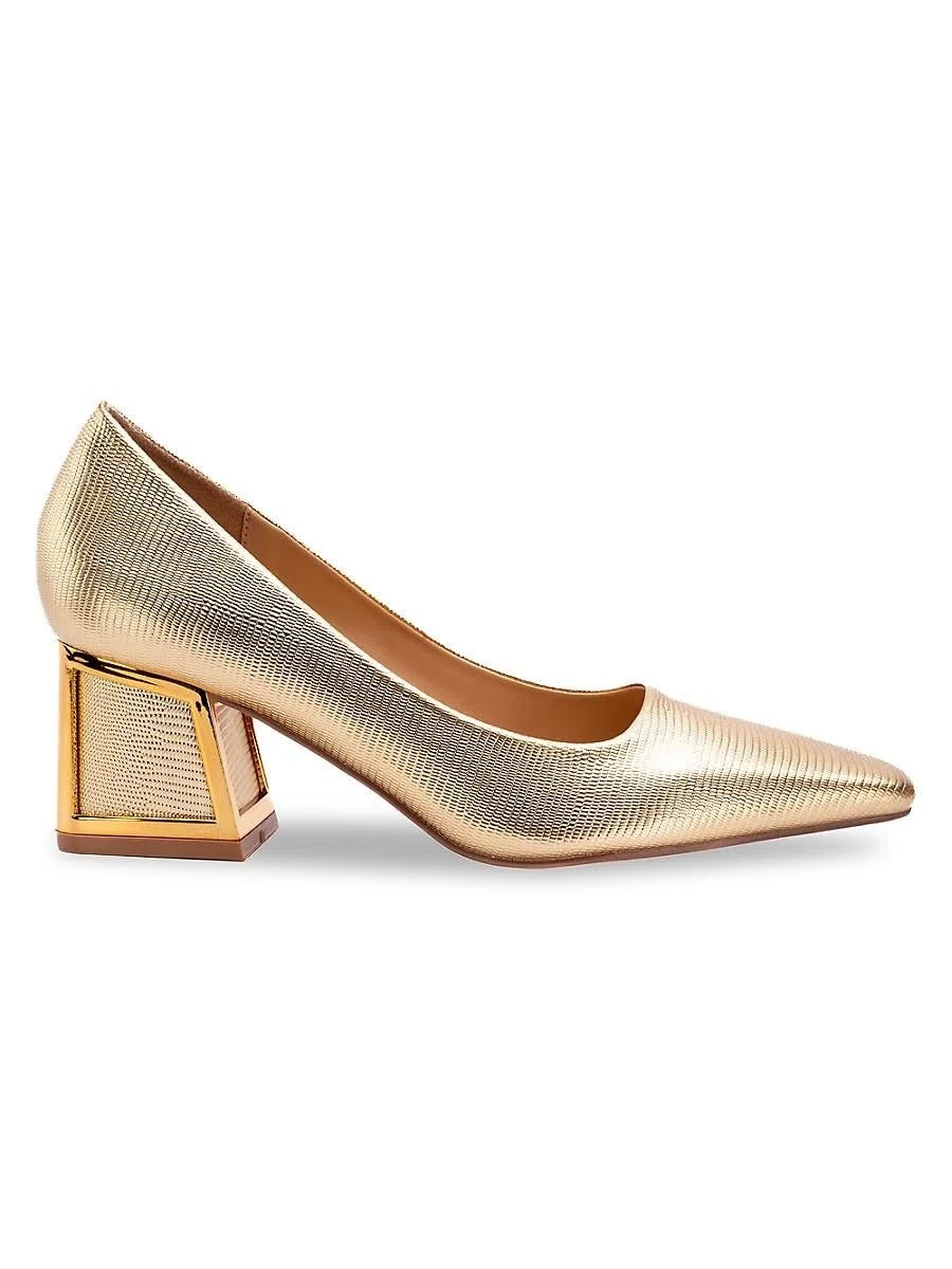 Glamorous Gold Block Heel Pumps for Women Size 12 | Image