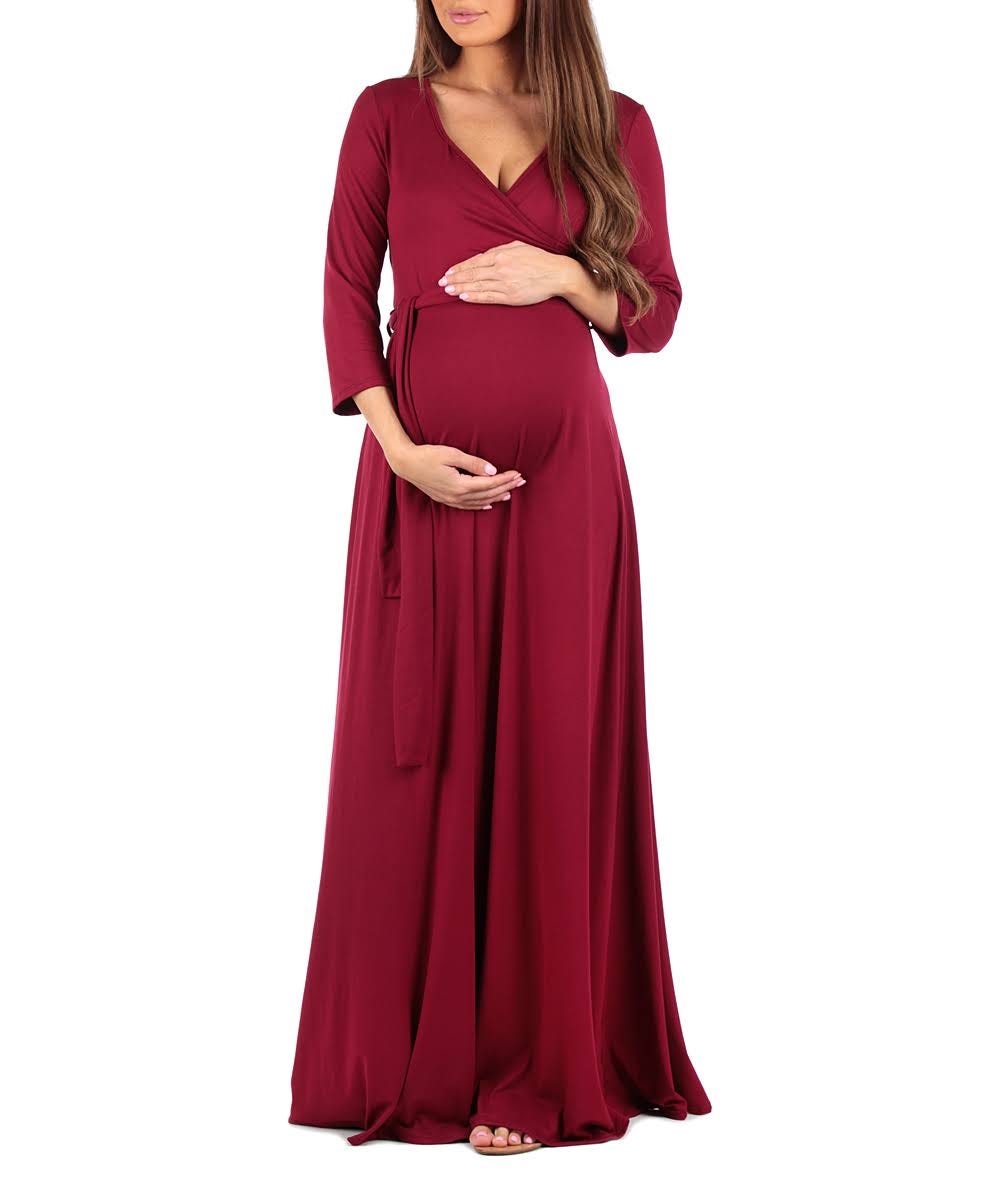 Comfortable Maternity Faux Wrap Dress with Adjustable Belt in Red | Image