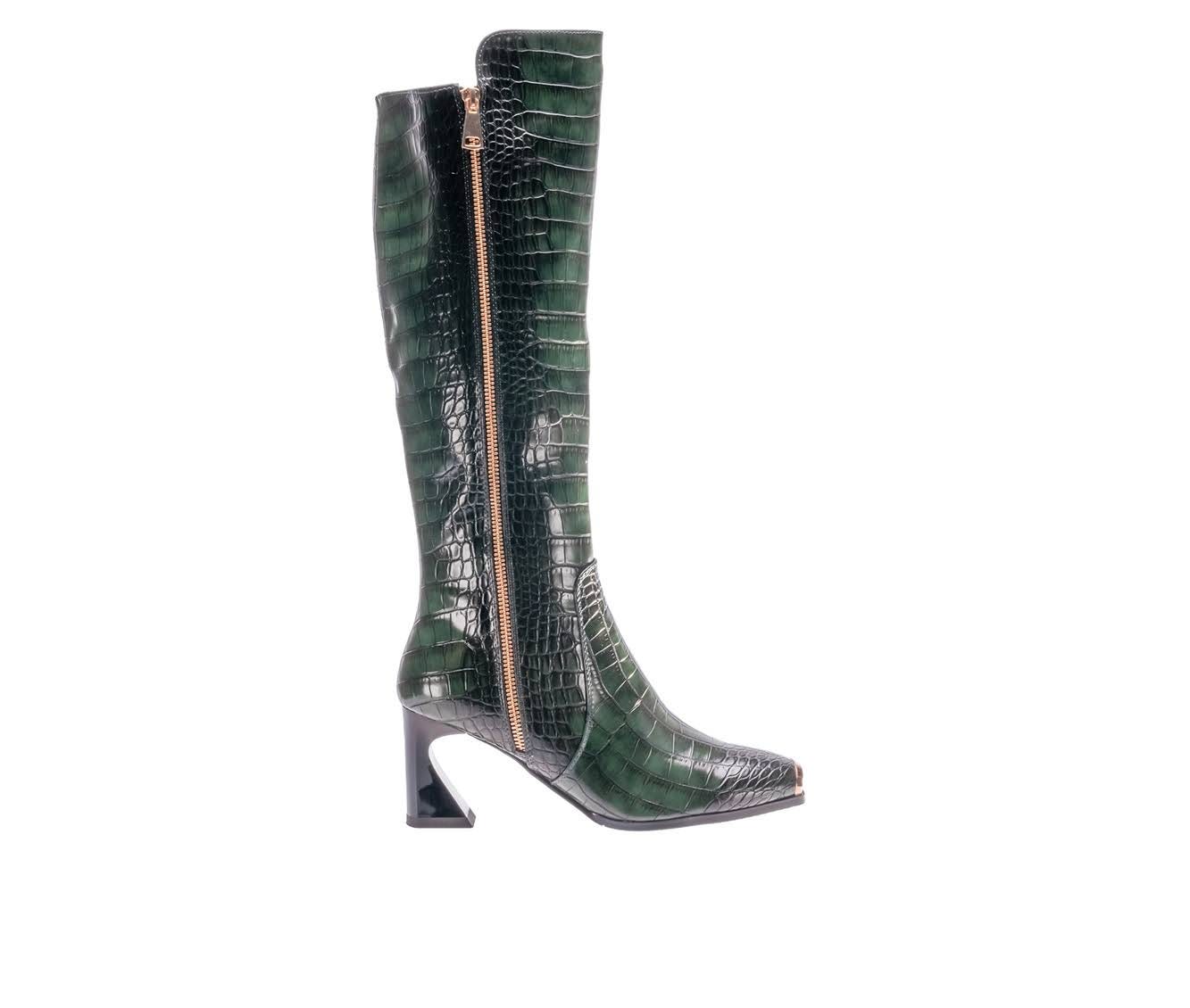 Croc-Embossed Green Knee-High Boots with 3-Inch Heel | Image