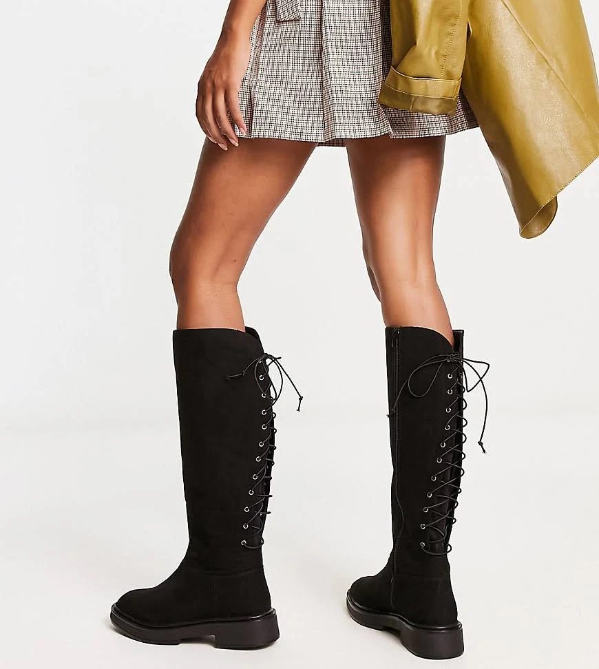 Extra Wide Fit Black Suedette Knee Boots | Image