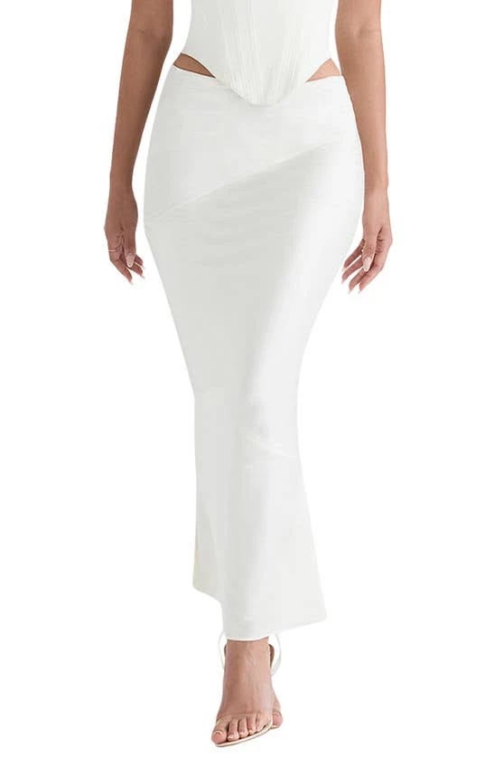 Luxurious Glossy Satin Midi Skirt in Ivory | Image