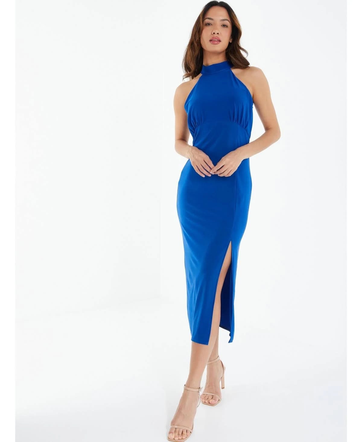 Elegant Royal Blue Halter Midi Dress for Formal Events | Image