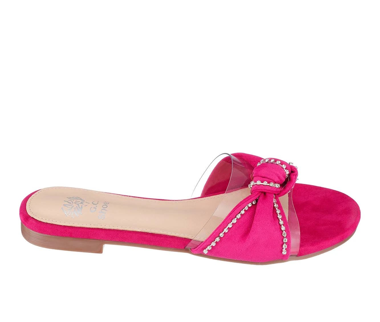 Fuchsia Flat Sandals by GC Shoes - Rhinestone Embellished Heels, Luxurious Suede Upper Strap, Medium Width, Cushioned Footbed | Image