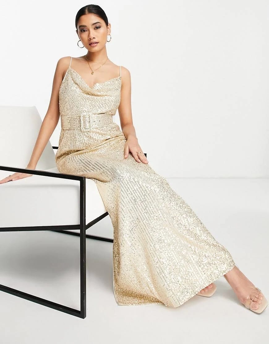 Luxurious Gold Sequin Cowl Neck Belted Gown for Glamorous Events | Image