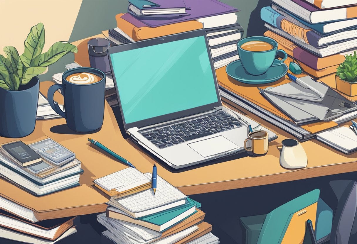 A cluttered desk with a laptop, notebook, and pen. A stack of books and a mug of coffee sit nearby. A calendar hangs on the wall, filled with appointments and deadlines