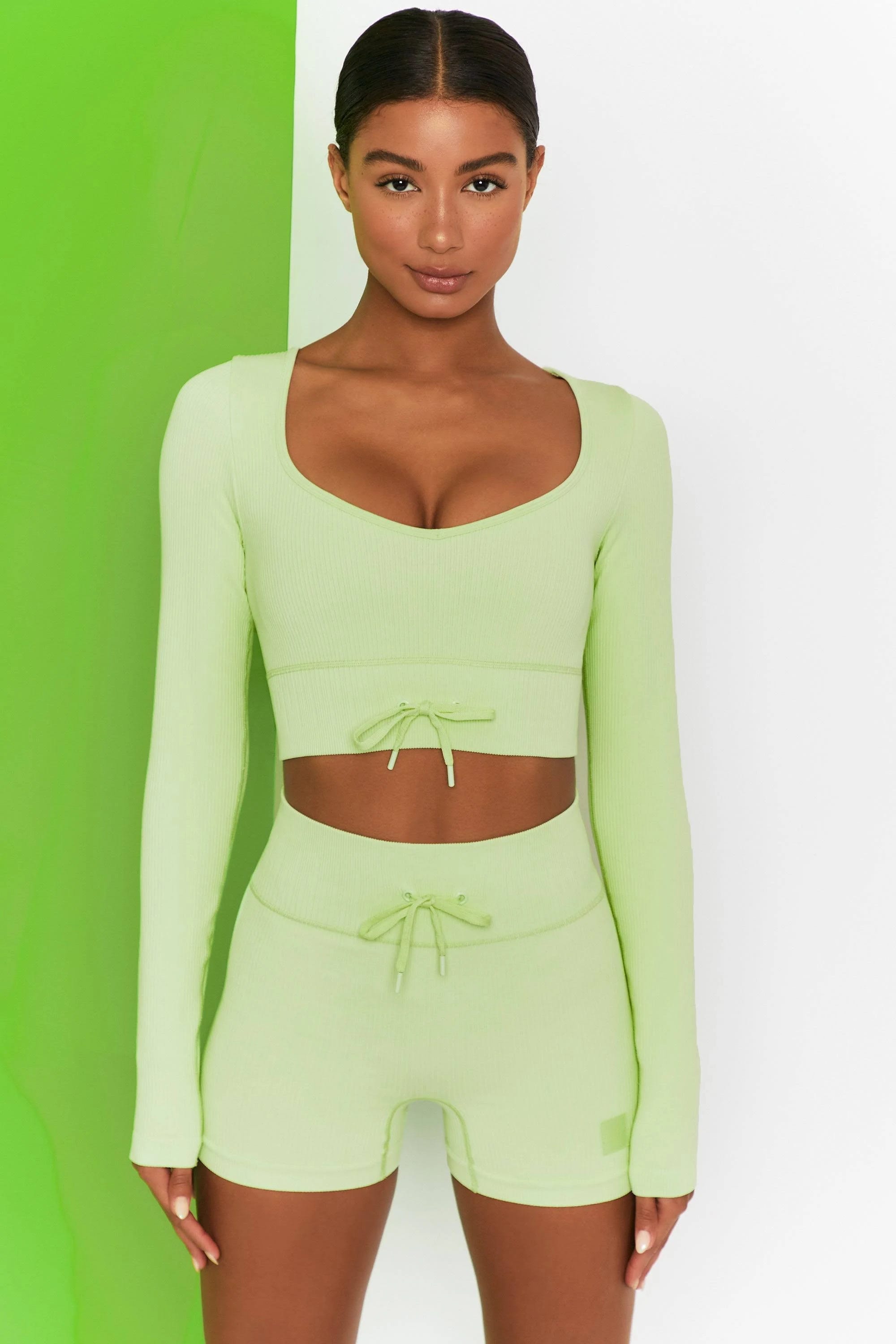 Lime Ribbed Long Sleeve Crop Top with Diamond Neckline | Image