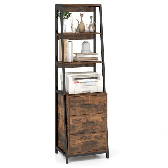 giantex-ladder-bookshelf-with-drawers-rustic-brown-1