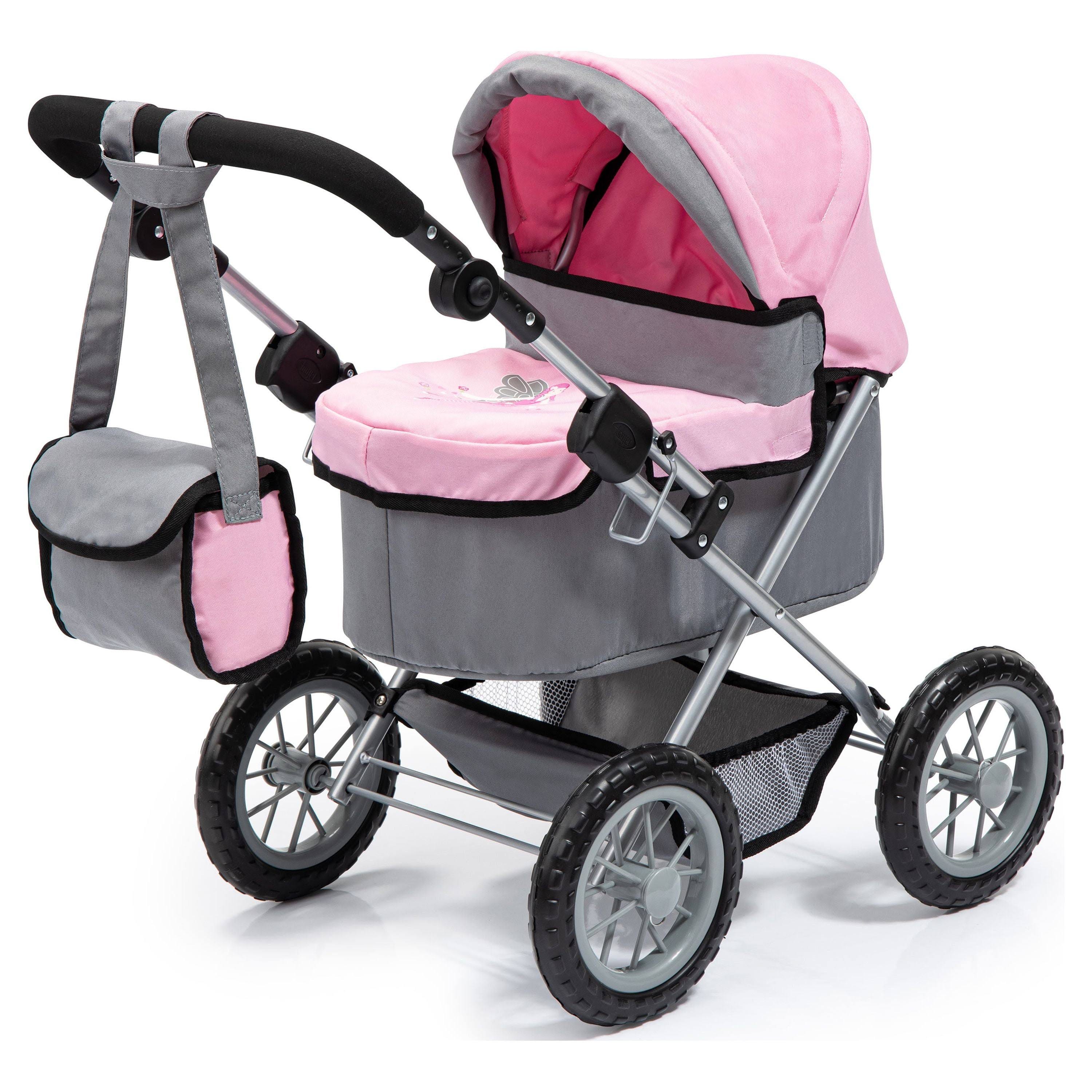Stylish Grey/Pink Baby Doll Pram Stroller with Foldable Design and Shopping Basket | Image