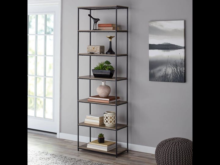 mainstays-71-6-shelf-metal-frame-bookcase-rustic-brown-1