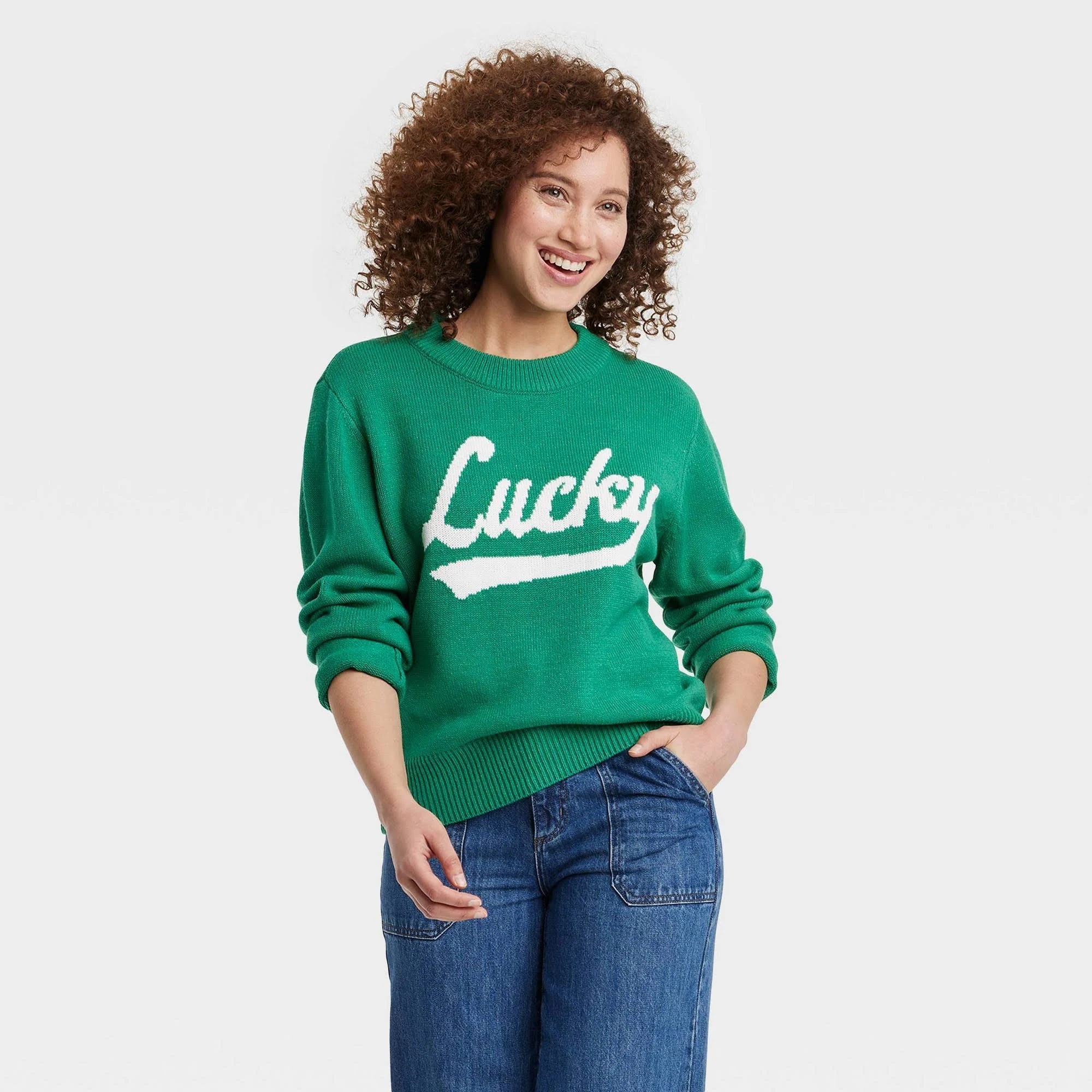 Cozy Women's Graphic Sweater - Lucky Design in Green | Image