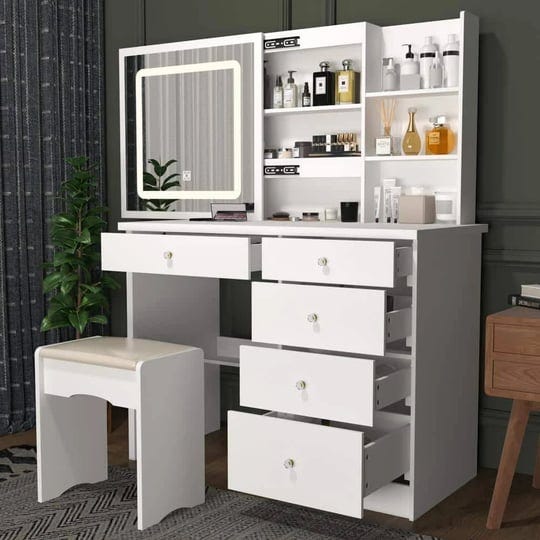 fufugaga-5-drawers-white-wood-led-push-pull-mirror-makeup-vanity-sets-dressing-table-sets-with-stool-1