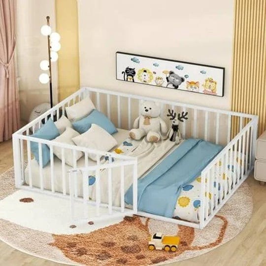 gewnee-full-size-toddler-bed-metal-floor-bed-frame-with-fence-and-doorwhite-1