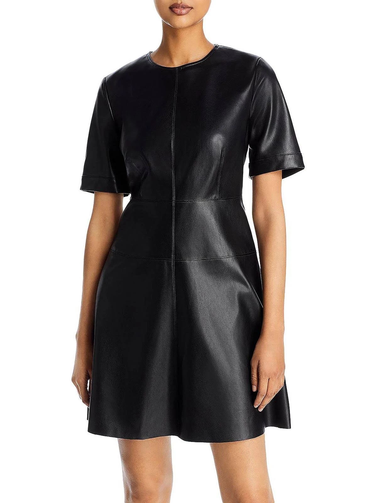 Black Faux Leather Seamed Fit & Flare Skater Dress | Image