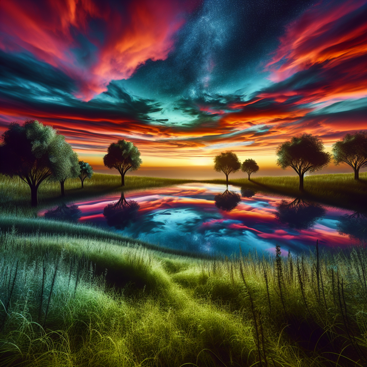 A serene meadow at dusk with a surreal sky filled with vibrant hues.