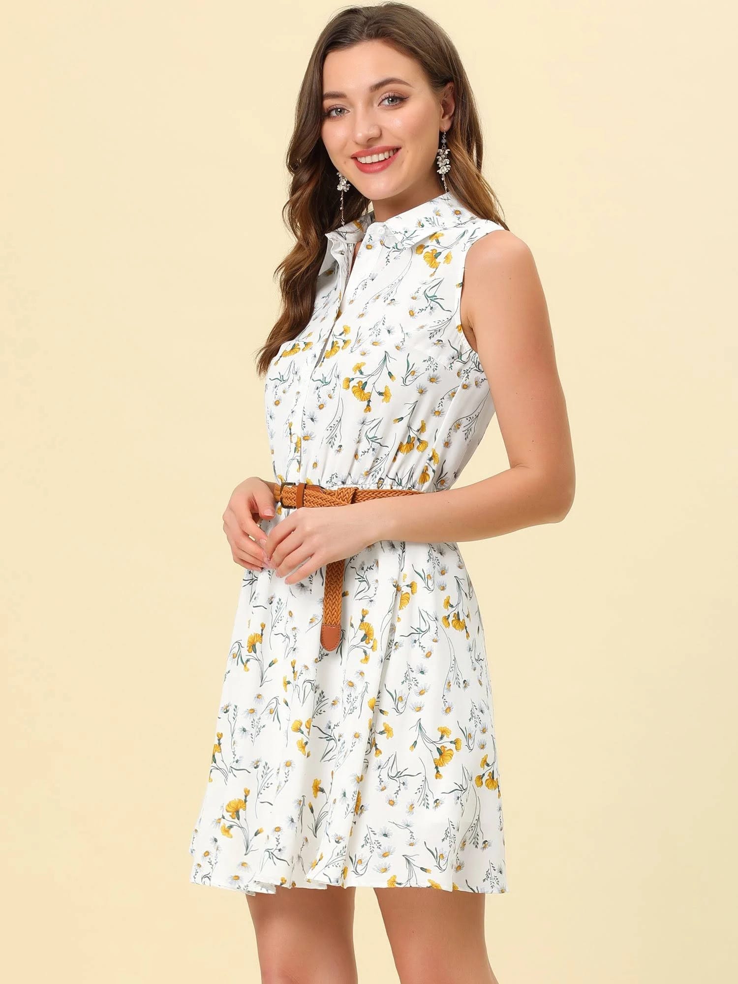 Chic White and Yellow Flower Sleeveless Dress with Cinched Waist | Image