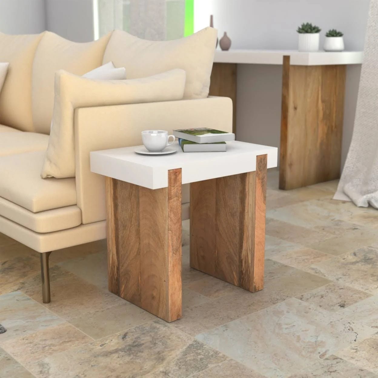 Mango Wood and Glossy White Sled End Side Table | Image