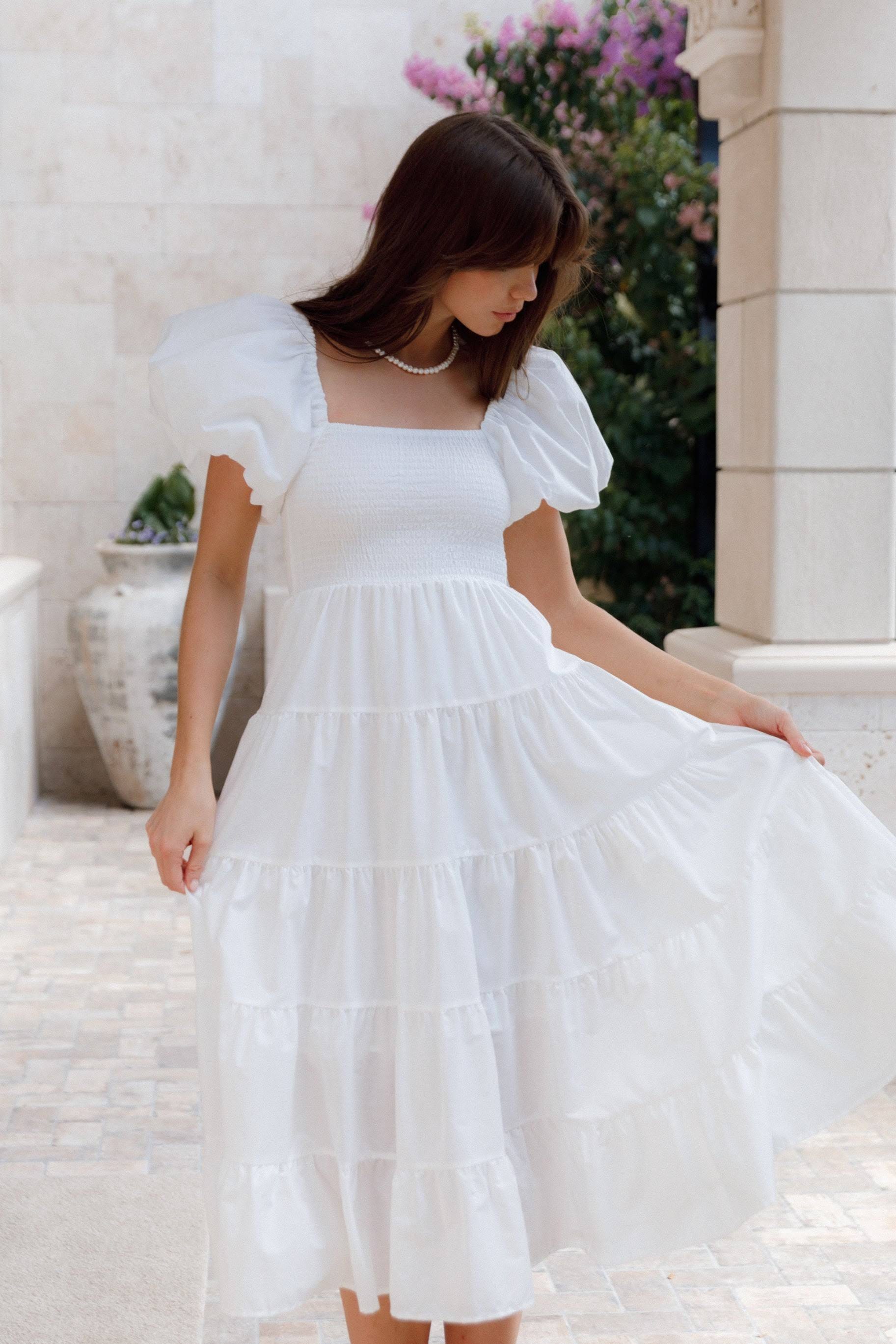 Stylish White Flowy Dress with Shirred Midi Design | Image