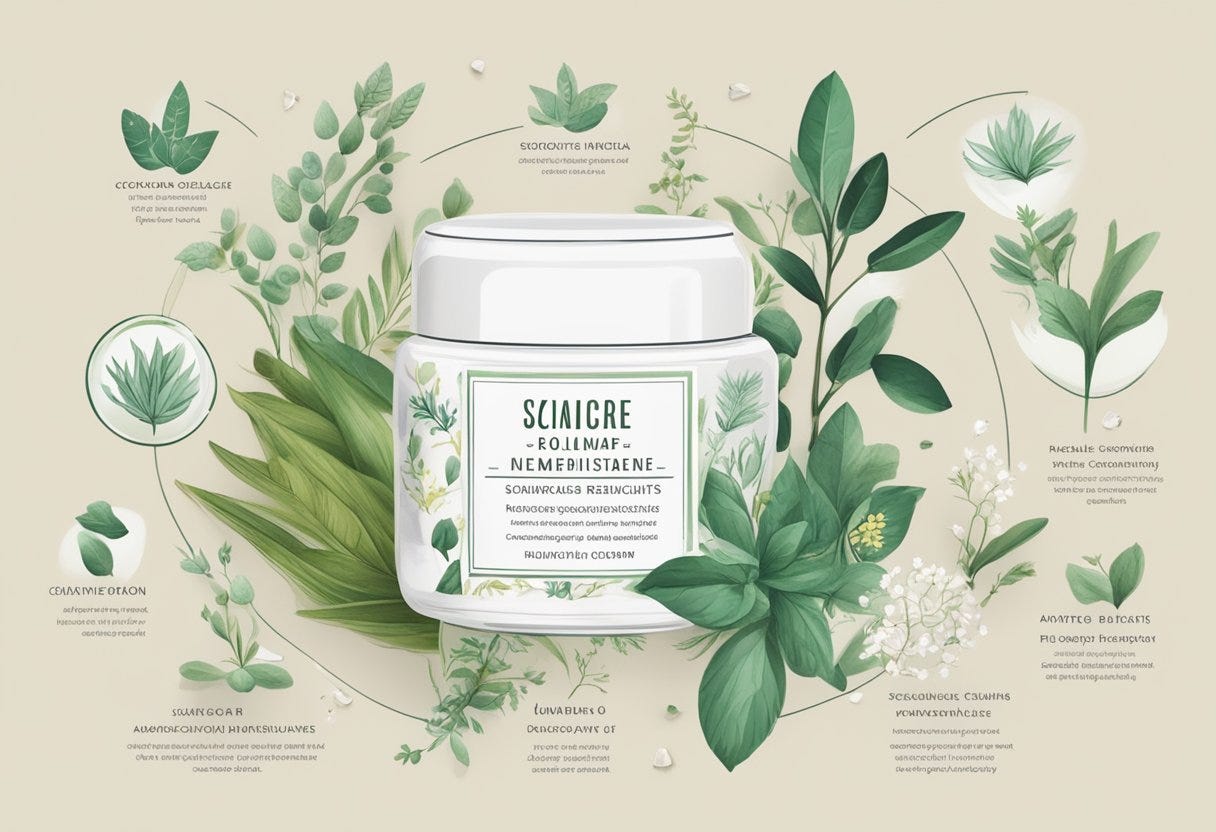 A jar of white cream surrounded by botanical ingredients and scientific symbols, with text highlighting skincare benefits and claims