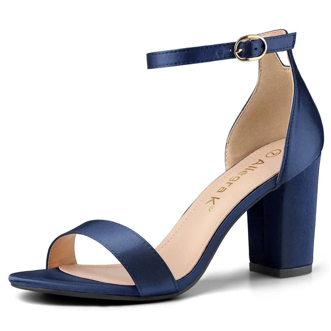 Fashionable Blue Satin Ankle Strap Chunky Heels Sandals | Image