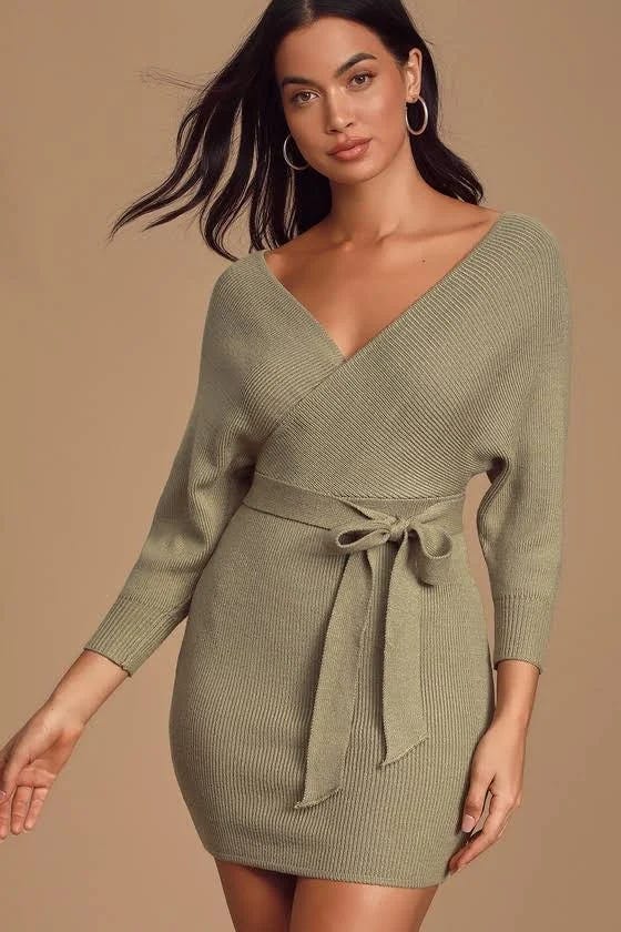 Sage Green Women's Dolman Sleeve Bodycon Dress with Fitted Hips | Image