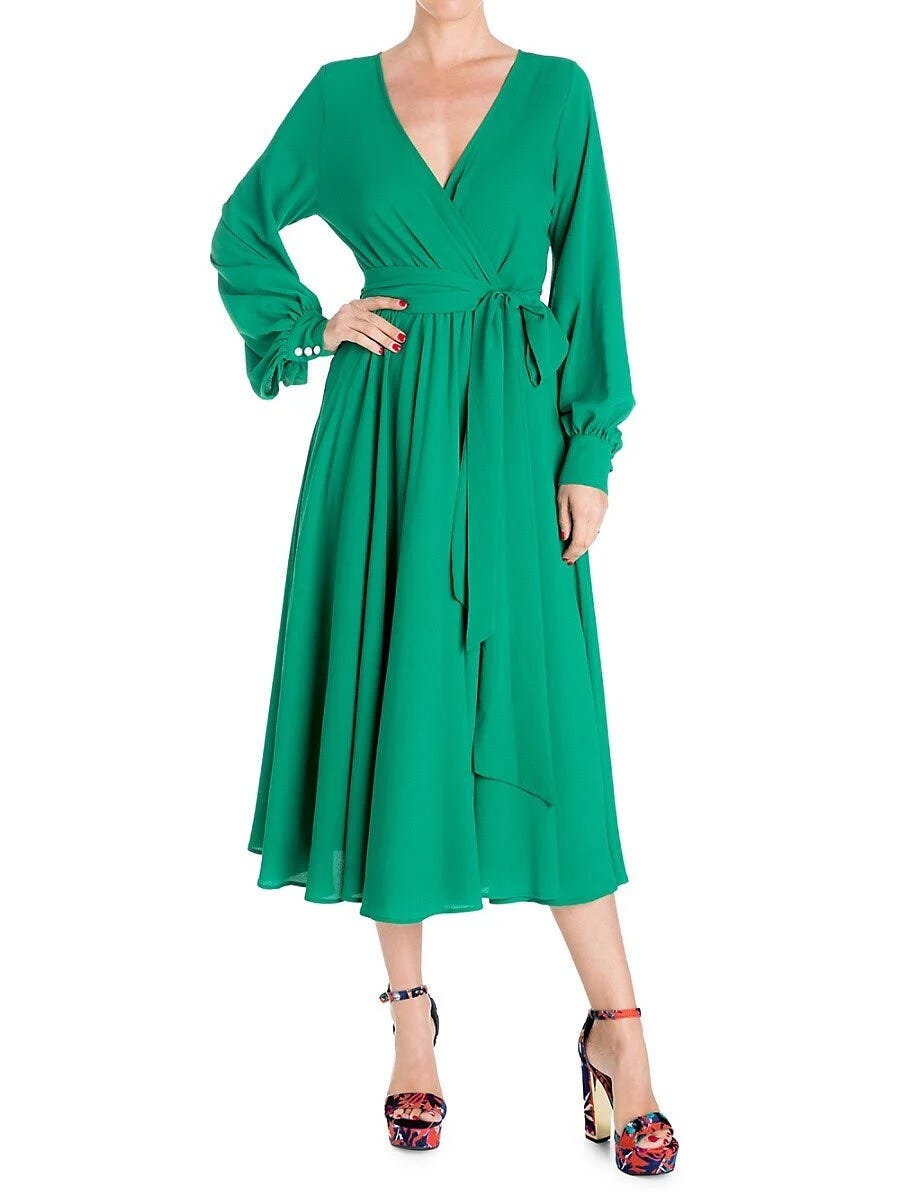 Emerald-Hued Venus Belted Wrap Midi Dress | Image