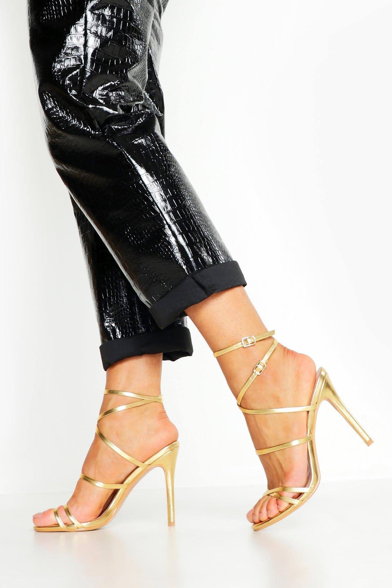 Golden Metallic Strappy Heels for a Chic, Comfortable Look | Image