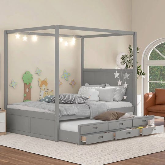 nestfair-queen-size-canopy-platform-bed-with-trundle-and-drawers-grey-1