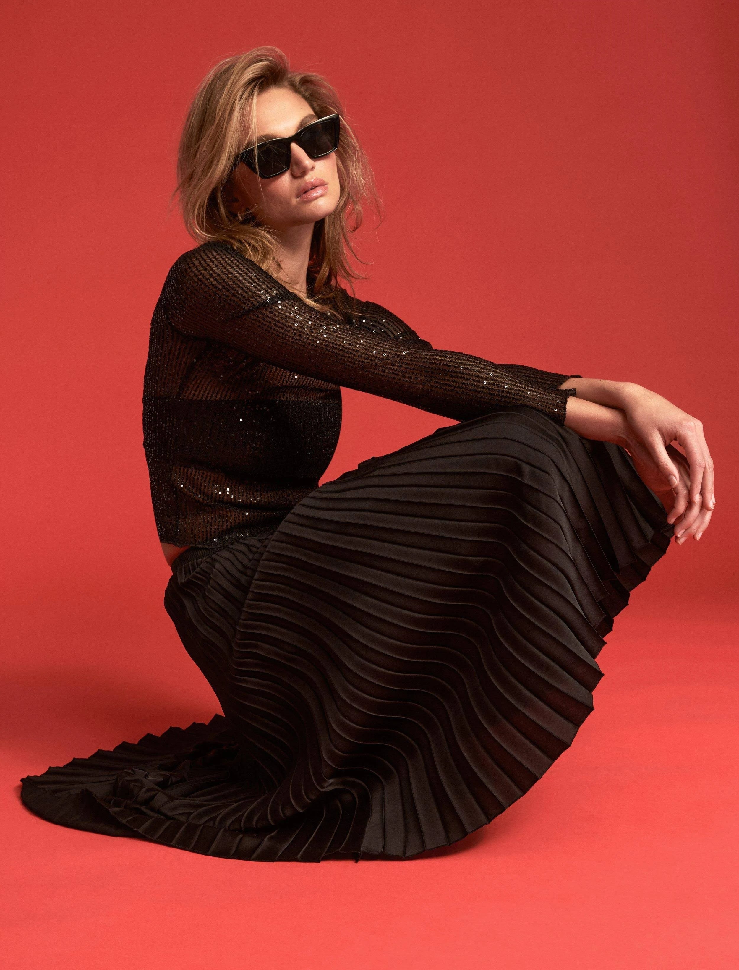Elegant Black Pleated Midi Skirt | Image