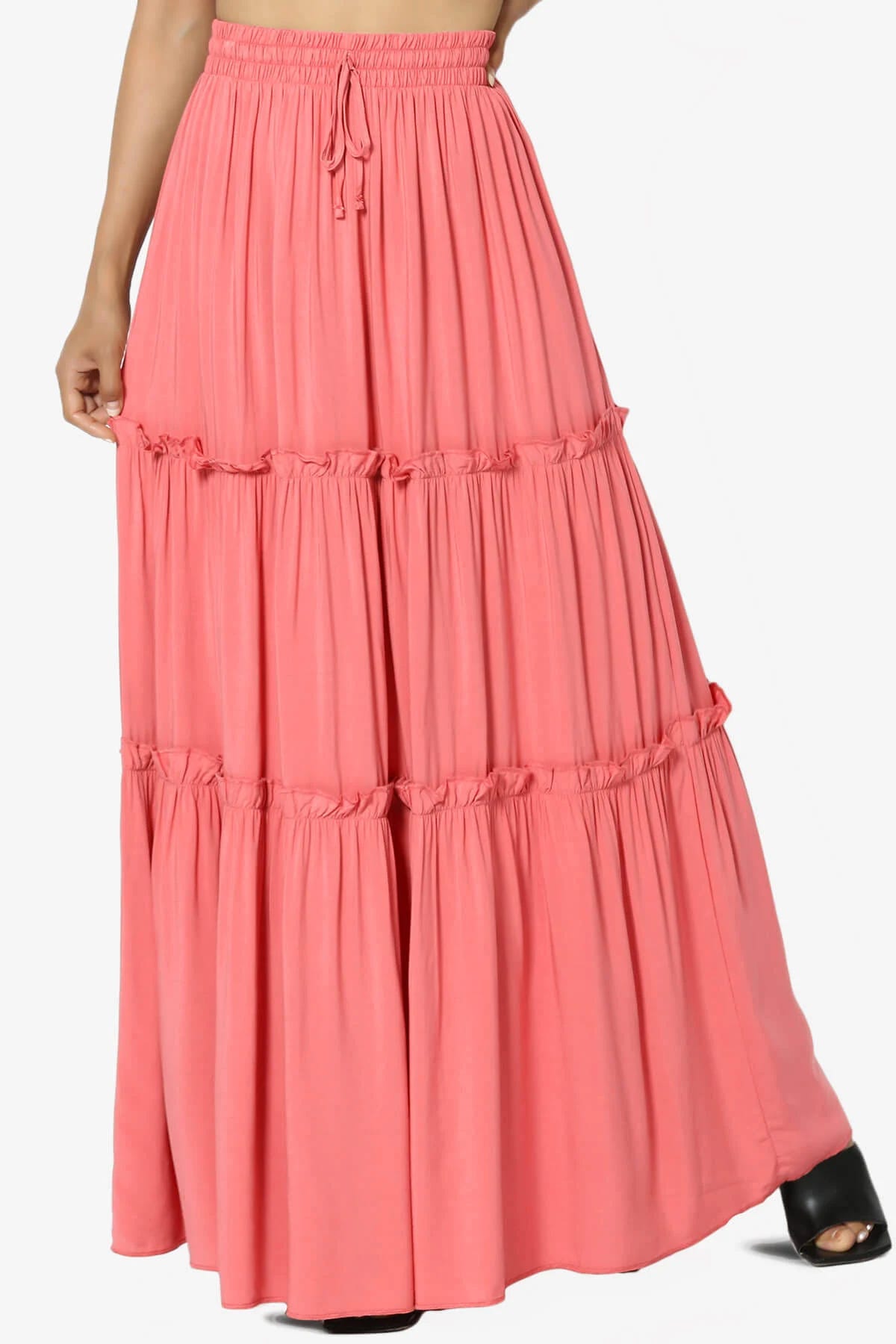 Orange Woven Maxi Skirt with Elastic High Rise and Drawstring Waist | Image