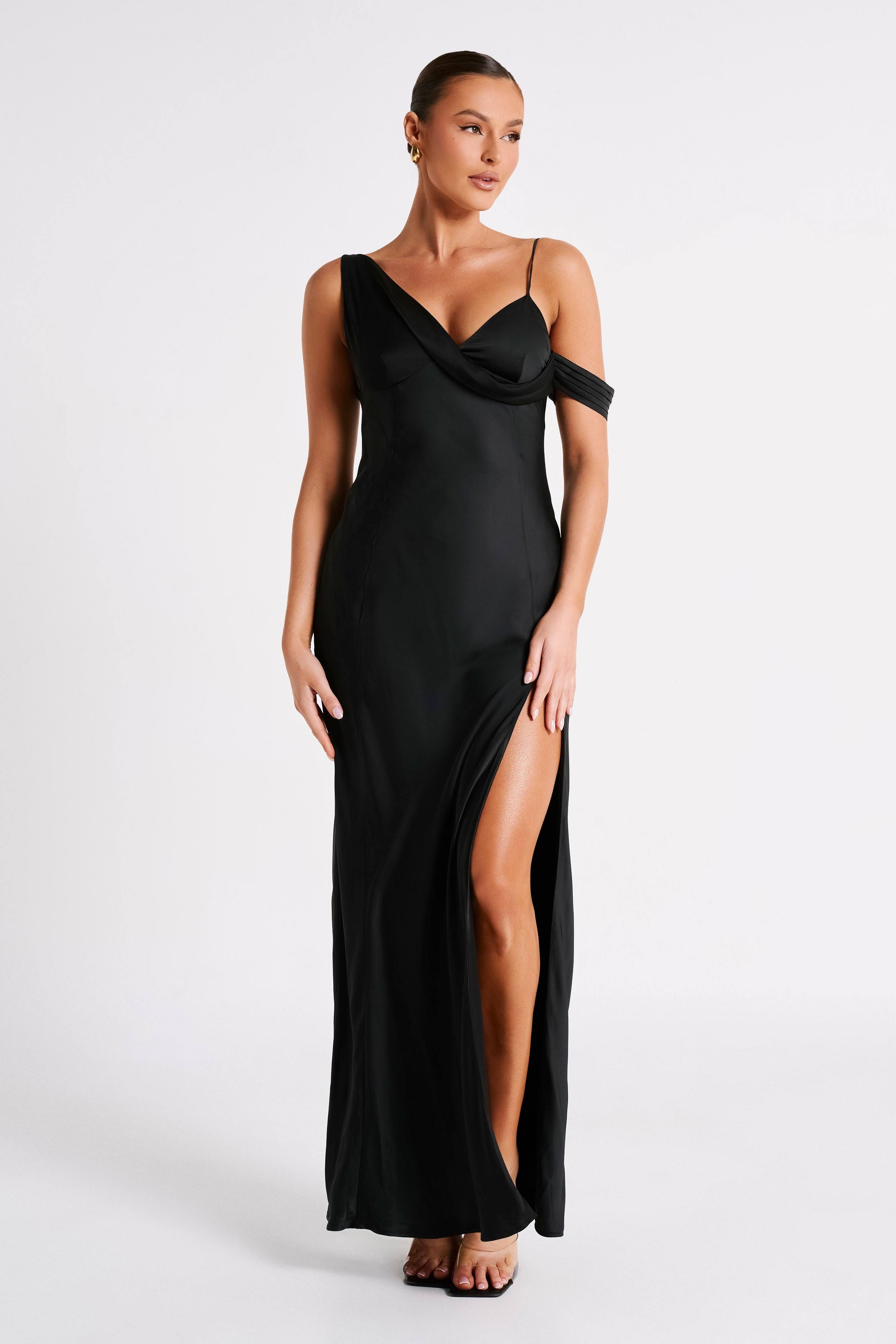 Black Satin Off-Shoulder Maxi Dress with Front Split | Image