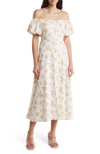 Stylish Floral Off-Shoulder Midi Dress with Puffy Sleeves | Image