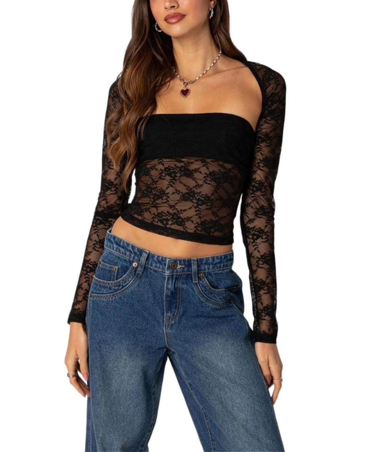 Vintage-Inspired Black Sheer Lace Top for Women | Image