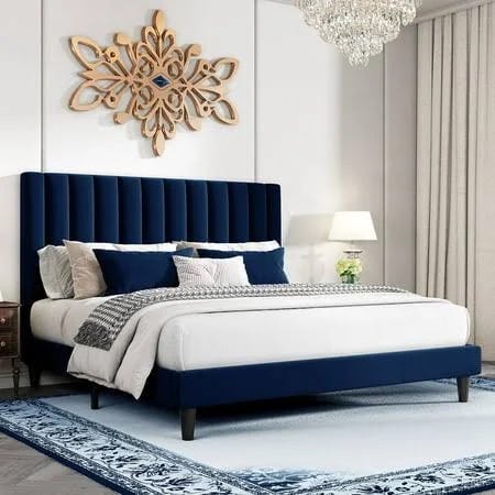Sha CERLIN Blue Velvet King Size Platform Bed Frame | Image