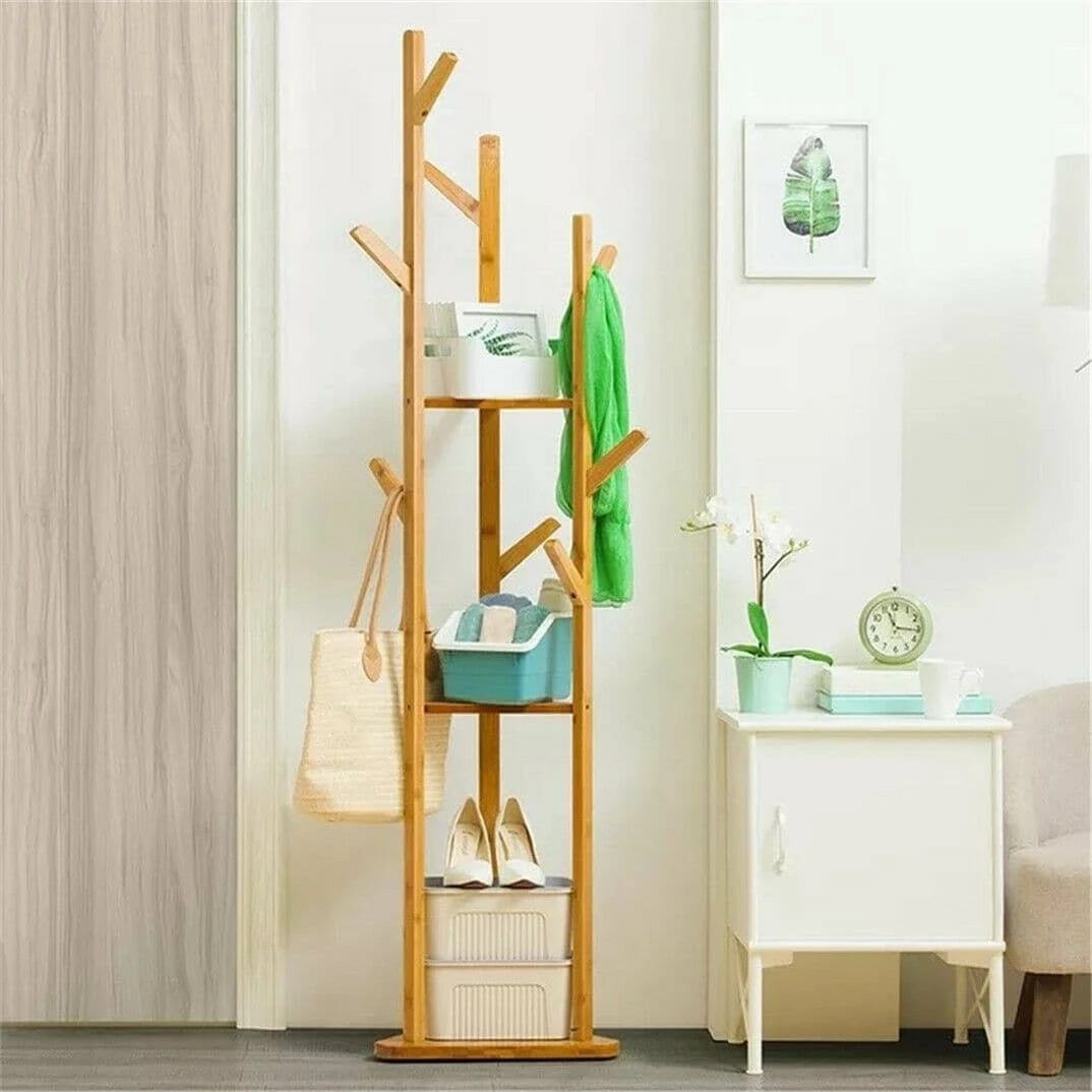 Stylish Bamboo Coat Hanger Stand with 10 Hooks and 3 Shelves | Image