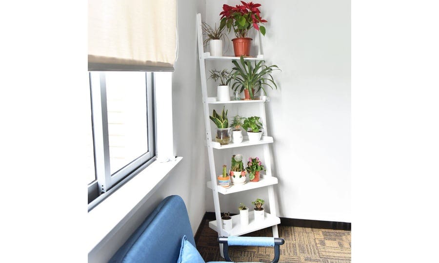 costway-versatile-5-tier-bookshelf-leaning-wall-shelf-ladder-bookcase-white-1