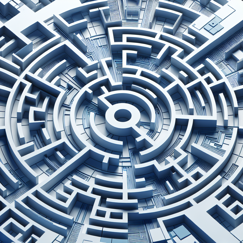 Create a high-resolution image featuring a sprawling bird's-eye view of a modern maze. The maze contains a complex network of curved paths interweaving in a geometrically appealing manner. Designed with a contemporary aesthetic, it incorporates cutting-edge design elements such as angular turns, broad spaces, and sleek lines. The maze itself should be in shades of cool blue, contrasted with a crisp white background. This design aims to captivate a marketing audience, embodying elements of strategy, path-finding, and decision-making, crucial concepts in the field.